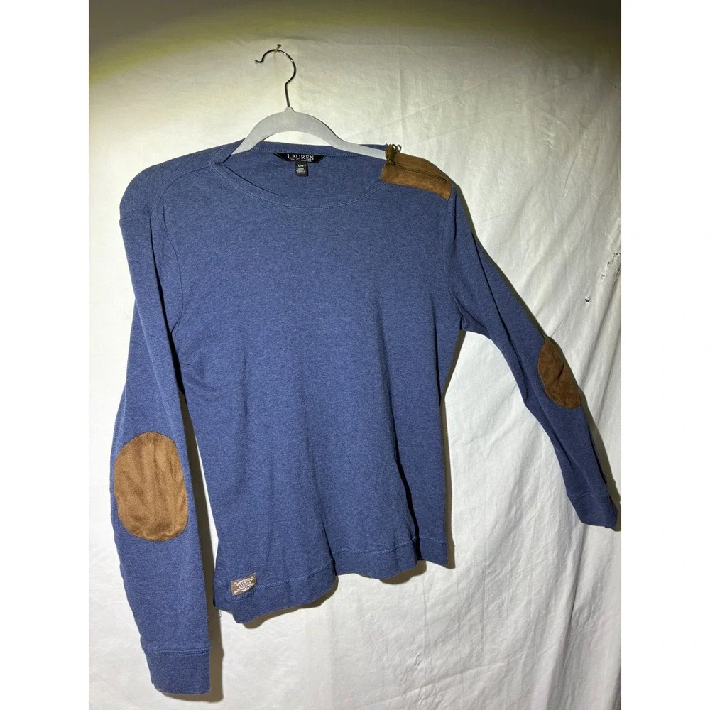 Lauren Ralph Lauren Blue Long Sleeve Top Faux Suede Elbow Patch Zipper L
